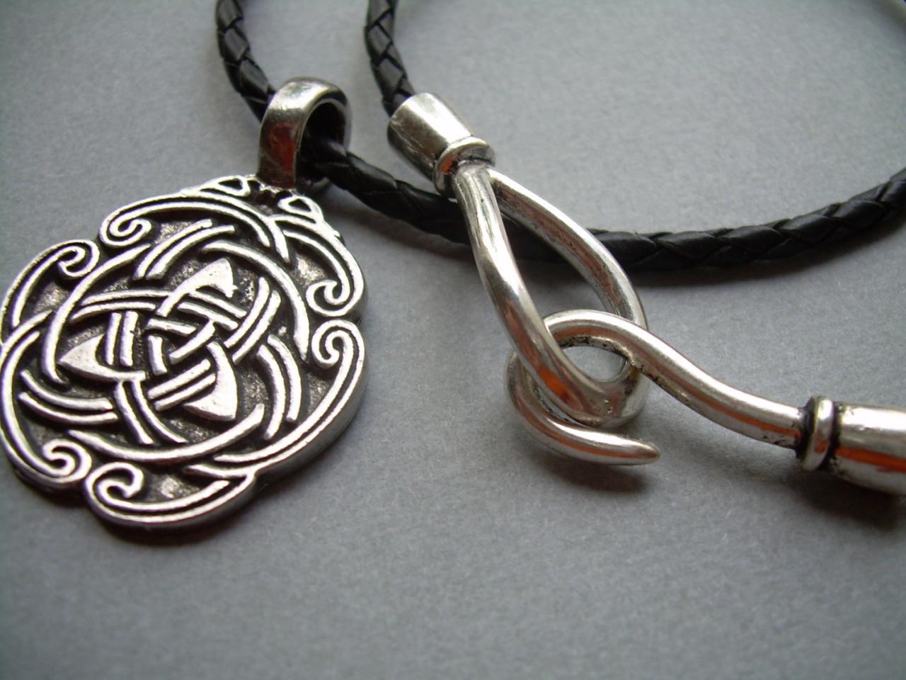 Leather Necklace, Celtic Pendant , Mens Necklace, Black Braid, Mens